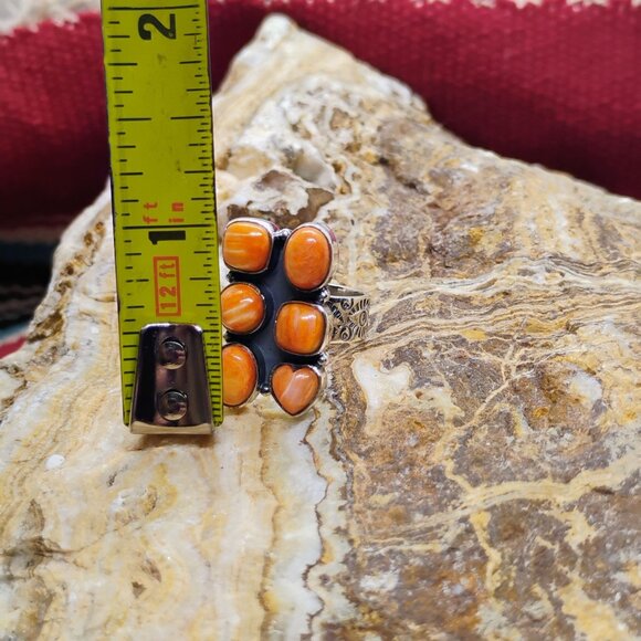 Southwest Sterling Silver Orange Spiny Oyster Shell Cluster Ring Size 6 Handmade - Picture 6 of 9